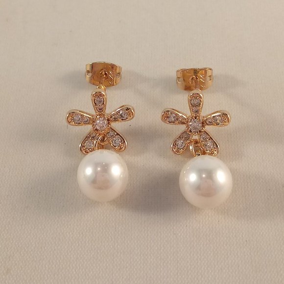 18K Yellow Gold Filled Star Flower Diamond Zircon Pearl Dangle Stud Earrings - Picture 3 of 4